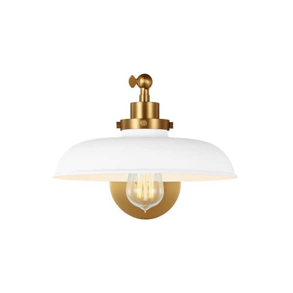 Generation Lighting Wellfleet 11 in. W x 8.75 in. H 1-Light Matte White/Burnished Brass Single Arm Wide Task Wall Sconce with Steel Shade