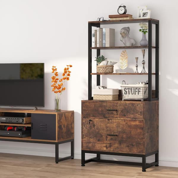 TRIBESIGNS WAY TO ORIGIN Cindy 2 Drawers Rustic Brown Wood 29.5 in. W Vertical File Cabinet Printer Stand with 4 Shelves Home Office