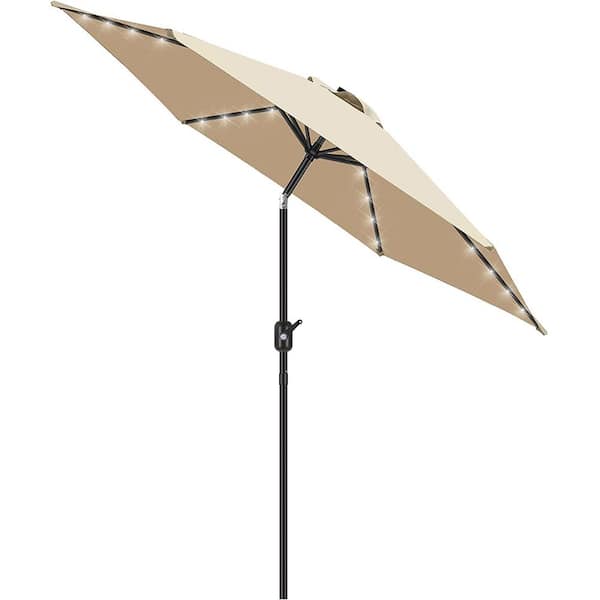 SKONYON 10 ft. Steel Market Tilt Patio Umbrella with Crank and Solar LED in Tan