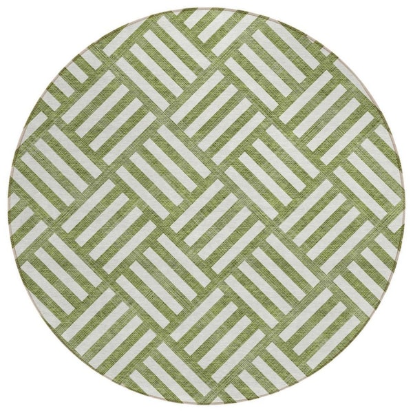 HomeRoots Olive Green, Ivory 8 ft. Round Woven Geometric Polyester Round Indoor/Outdoor Area Rug