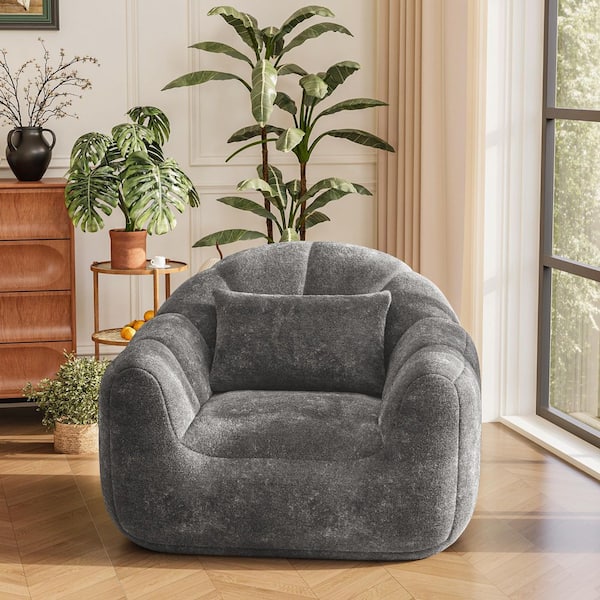 Faux Fur Bean Bag Chair with Memory Foam Padding,  Shell Shape Lazy Back Chair, Dark Gray