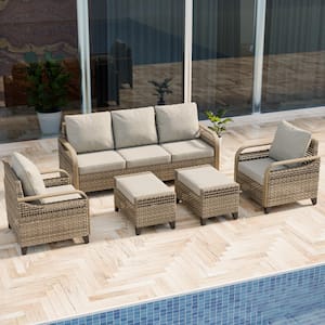 5-Piece Wicker Outdoor Patio Conversation Set with Gray Cushions and Ottomans