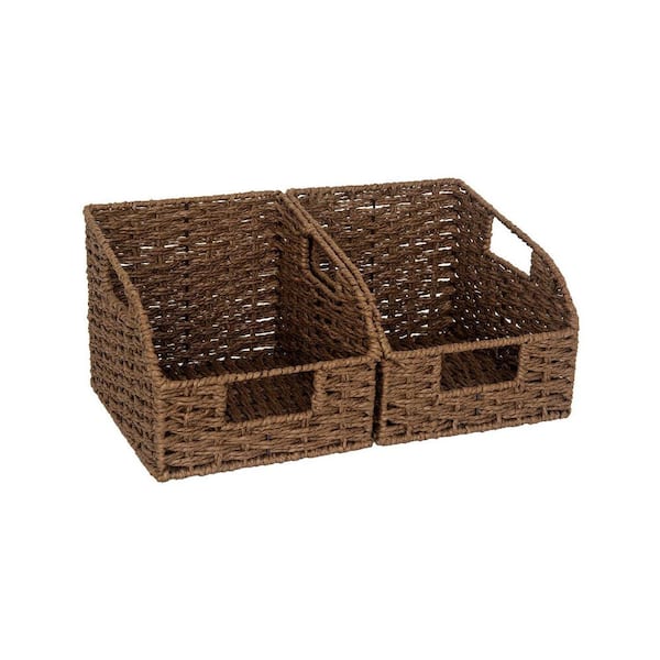 Brown Paper Rope Bread Basket and Tray, Handwoven Organizer Baskets for Pantry Shelves and Countertop (2-Piece Set)