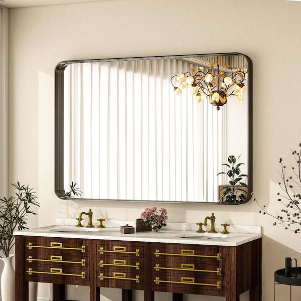 XRAMFY 29.5 in. W x 48 in. H Modern Rectangular Rounded Black Aluminum Deep Framed Bathroom Mirror Wall Mirror