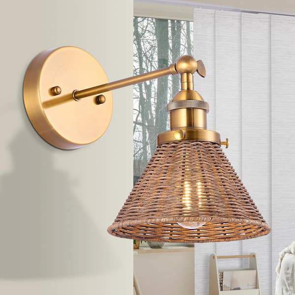 6.88 in. 1-Light Boho Antique Gold Wall Sconce Light Bathroom Vanity Lighting with Rattan Shade