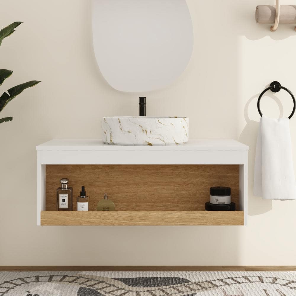 35.43 in. W x 19.69 in. D x 17.95 in. H Wall Mounted Bath Vanity in Light Oak with White/Gold Ceramic Vanity Top price history on PriceWatchPro