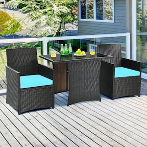 3-Piece Patio Wicker Bistro Set PE Rattan Dining Table Set with Turquoise Cushions
