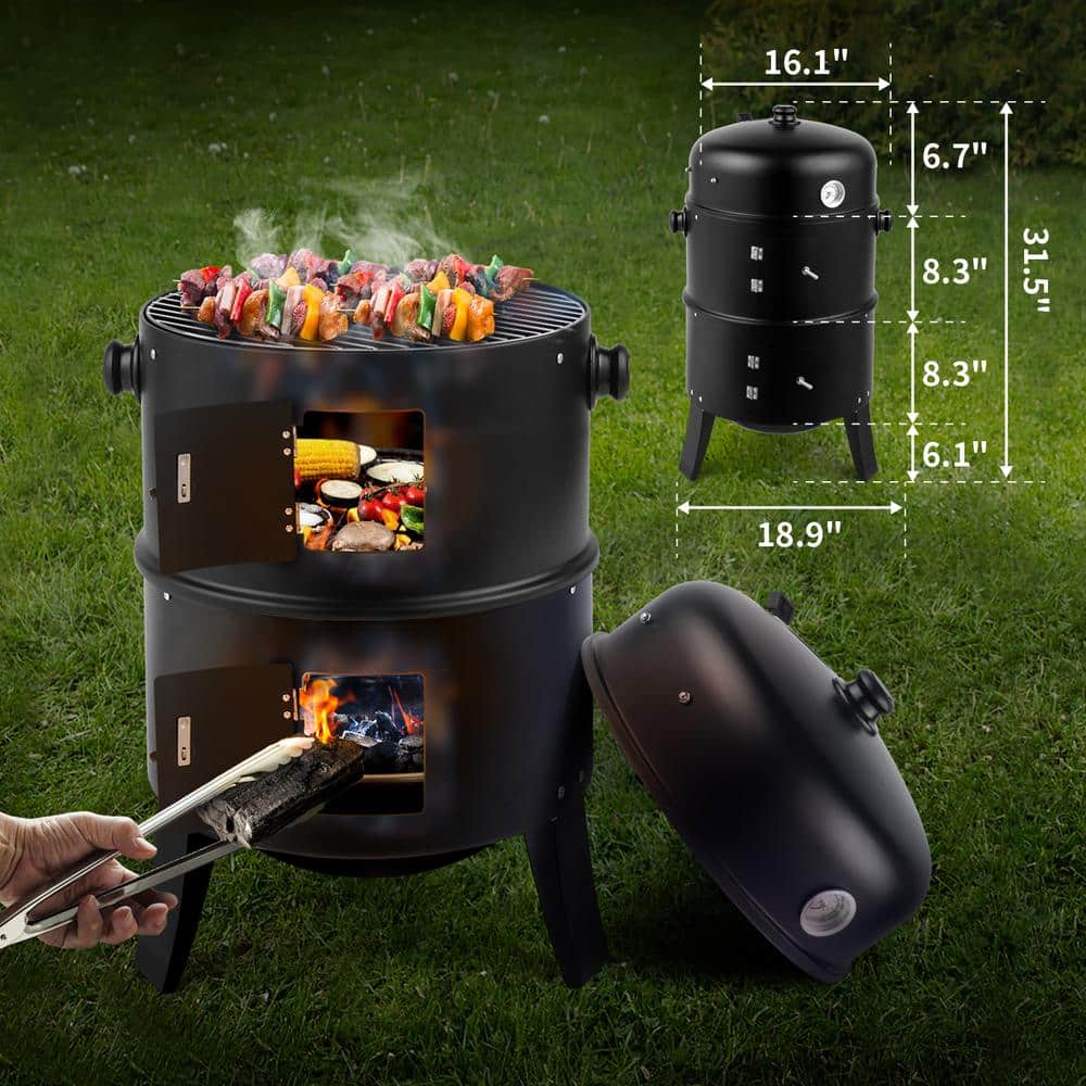 Black Vertical Charcoal Smoker Grill with Thermometer