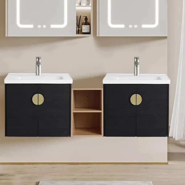 Satico 59.60 in. W Floating Wall-Mounted Bath Vanity in Black with White Ceramic Top