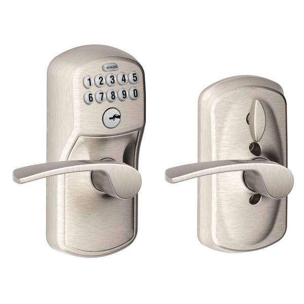 Schlage Plymouth Satin Nickel Electronic Door Lock with Merano Door Lever Featuring Flex Lock