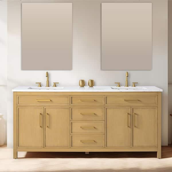 Logan 72 in. W Bath Vanity in Sand with Engineered Stone Top in Carrara White with White Sinks