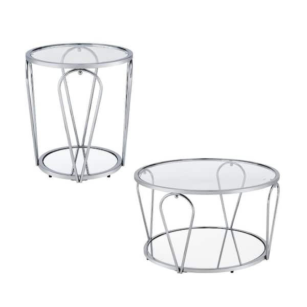 Furniture of America Orrum 31.25 in. Chrome and Clear Round Glass Coffee Table Set (2-Piece)