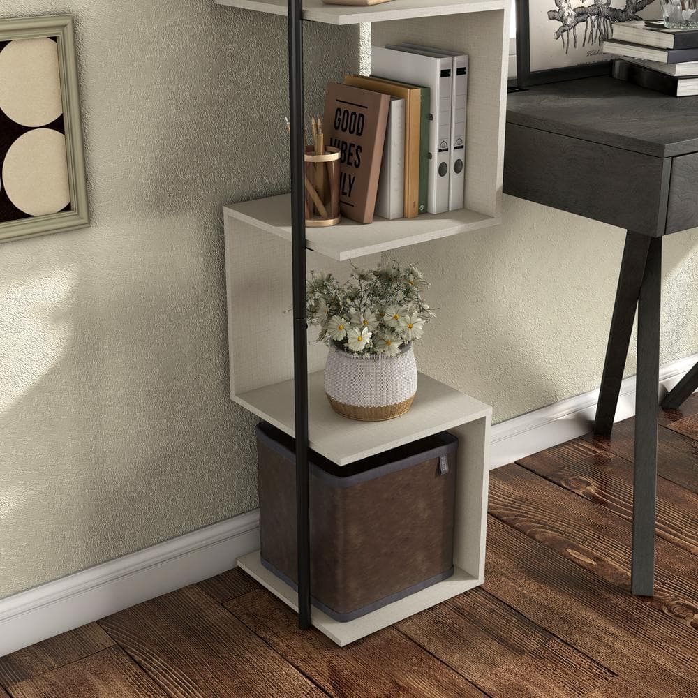 Cream Weave 5-Shelf Corner Bookcase with Black Metal Support