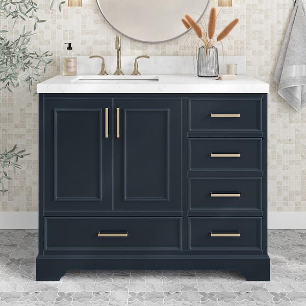 ARIEL Stafford 42 in. W x 22 in. D x 36 in. H Single Freestanding Bath Vanity in Midnight Blue with Carrara White Quartz Top