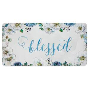 Cat Cora White/Blue 19.6 in. x 39 in. Printed Embossed "Blessed" Anti Fatigue Kitchen Mat