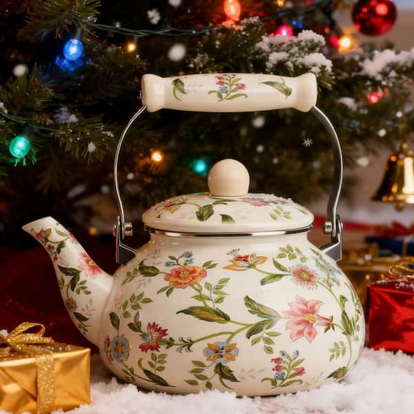 茶寵 LAIFUCAM Accent Plate 2.6 qt. Green Floral Enamel Steel Teapot