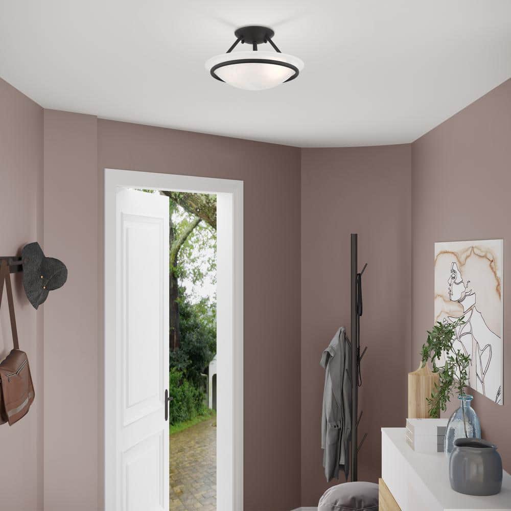 Lustrous Black Nickel 2-Light Semi Flush Mount with White Alabaster Glass Bowl
