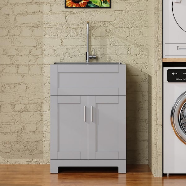 Staykiwi 24 in. W x 18.3 in. D x 34 in. H Single Sink Freestanding Bath Vanity in Gray with Stainless Steel Sink Top