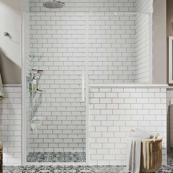 OVE Decors Pasadena 69-7/16 in. W x 72 in. H Pivot Frameless Shower Door in Chrome with Buttress Panel and Shelves