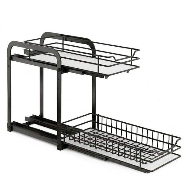 2 Shelf Black Pull Out Cabinet Spice Rack Organizer Height Adjustable Heavy Duty Metal Basket for Pantry Closet