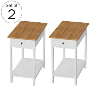 22 in. 2-Tone White and Honey Oak Rectangle MDF Wood End Table with Drawer (Set of 2)