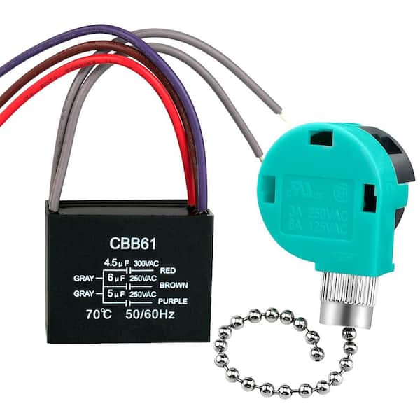 Ceiling Fan Capacitor CBB61 4. 5uf+6uf+5uf 5wire 250V Switch 3 Speed 4 Wire Pull Chain for Fan Light Silver