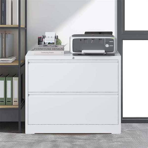 White 28.5 in. H Metal Office Storage Cabinet Steel Lateral File Cabinet with Lock and 2-Drawers