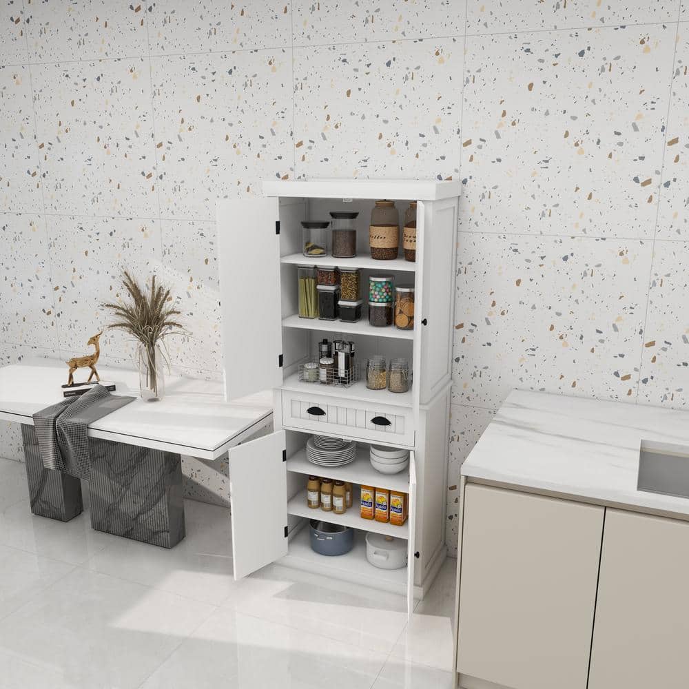 White Freestanding Storage Cabinet with Adjustable Shelves and Drawer