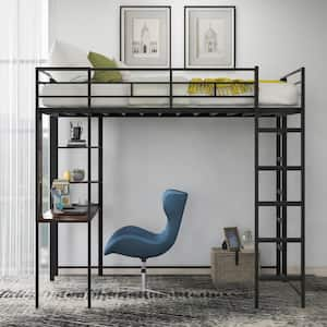 Full Size Metal Loft Bed with 2 Shelves and one DeskBlack