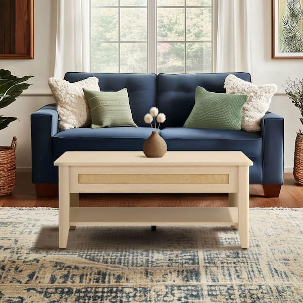 Lennox 34.5 in. Natural Rectangle MDF Lift-Top Coffee Table with Storage and Lower Open Shelf
