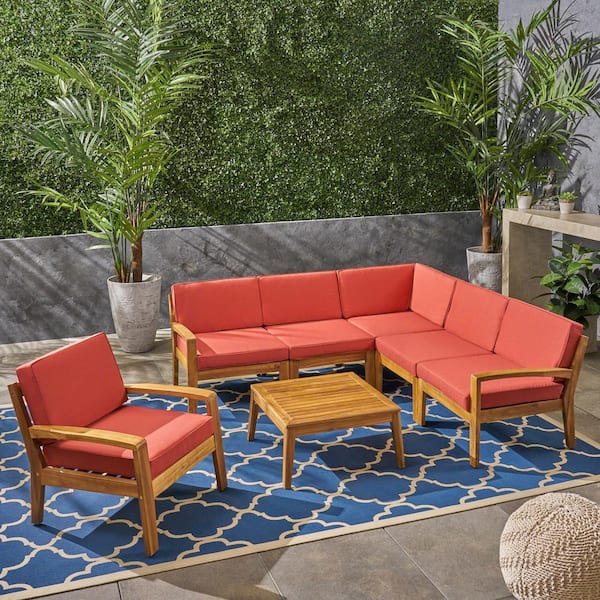 Noble House Grenada Teak Brown 7Piece Wood Patio Conversation Set with