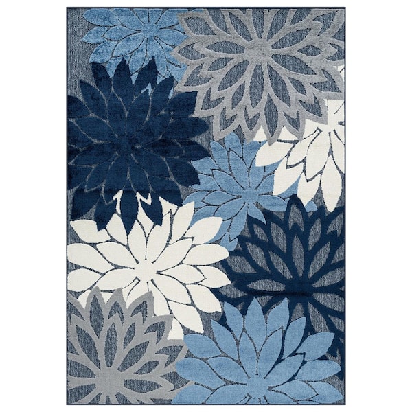 Floral Design Indoor/Outdoor High-Low Textured Area Rug, Floral, Easy-Clean Patio Rug 4' x 6' Navy