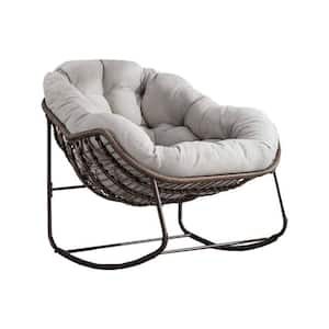 1-Piece Metal Rattan Outdoor Rocking Chair Rocker Recliner Chair with Beige Cushion