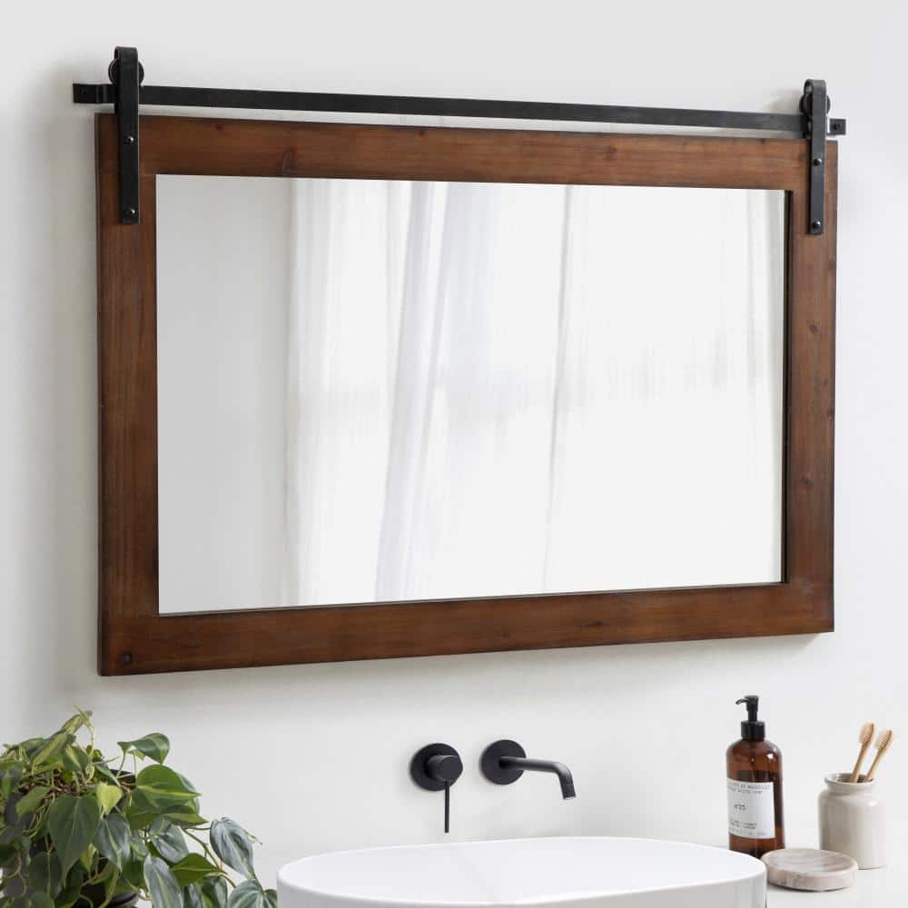 Walnut Brown Farmhouse Barn Door Wall Mirror with Metal Brackets