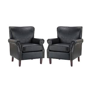 Enzo Traditional Comfy Vegan Leather Solid wood Legs Armchair w/ Nailhead Trim for Livingroom and office Set of 2-Black