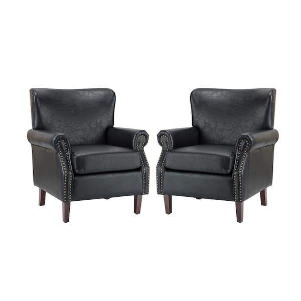 JAYDEN CREATION Enzo Traditional Comfy Vegan Leather Solid wood Legs Armchair w/ Nailhead Trim for Livingroom and office Set of 2-Black