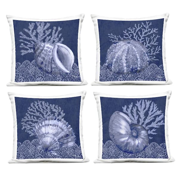 Indigo Nautical Seashells Blue Square Outdoor Throw Pillow (4-Pack)