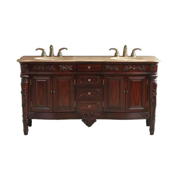 Virtu USA Odessa 67 in. Double Basin Vanity in Antique Cherry with Natural Stone Vanity Top in Travertine-DISCONTINUED