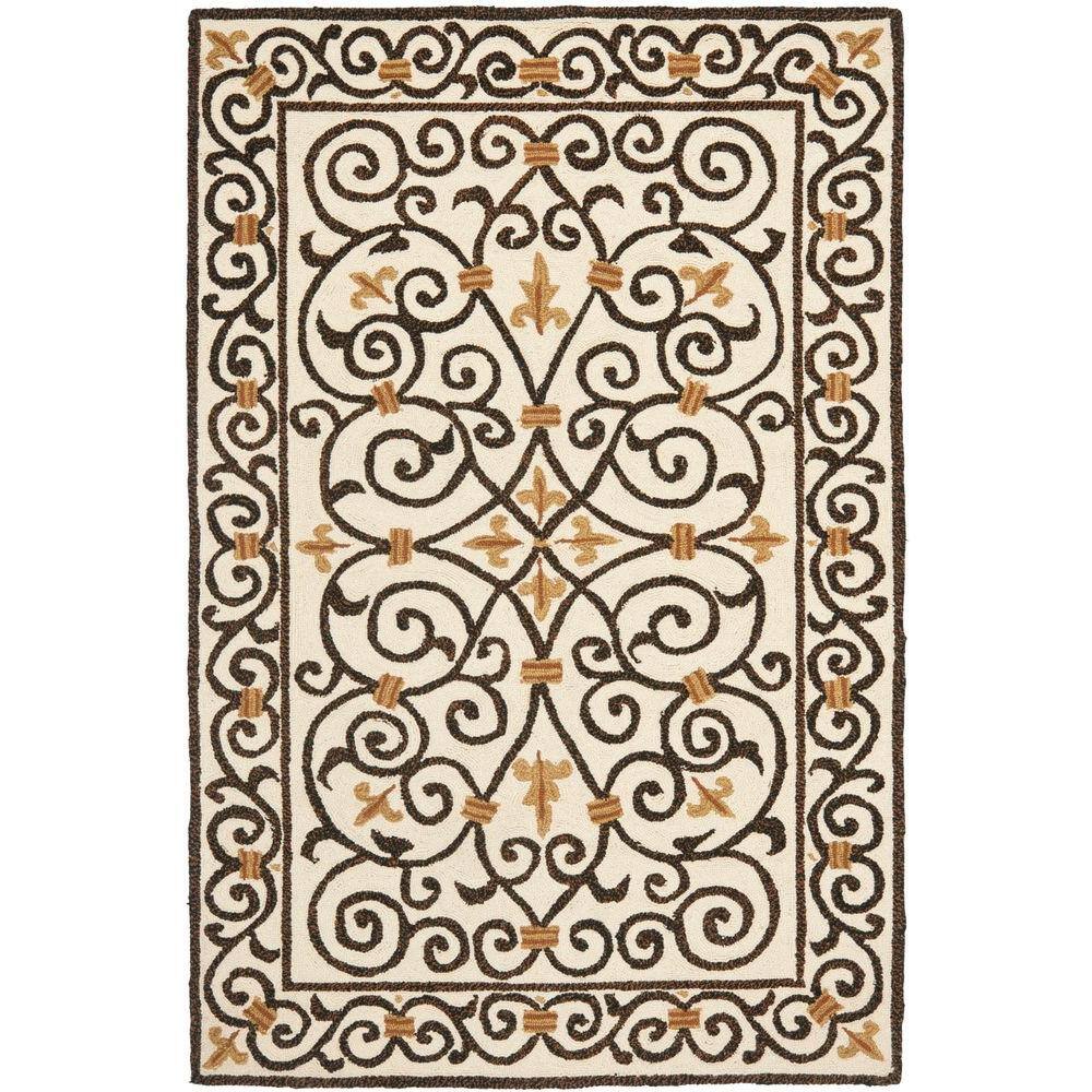 SAFAVIEH Chelsea Ivory/Dark Brown 4 ft. x 6 ft. Border Area Rug 100% pure virgin wool pile, hand-hooked to a durable cotton backing. American Country and turn-of-the-century European designs. This collection is handmade in China exclusively for Safavieh. This is a great addition to your home whether in the country side or busy city. Color: Ivory/Dark Brown.