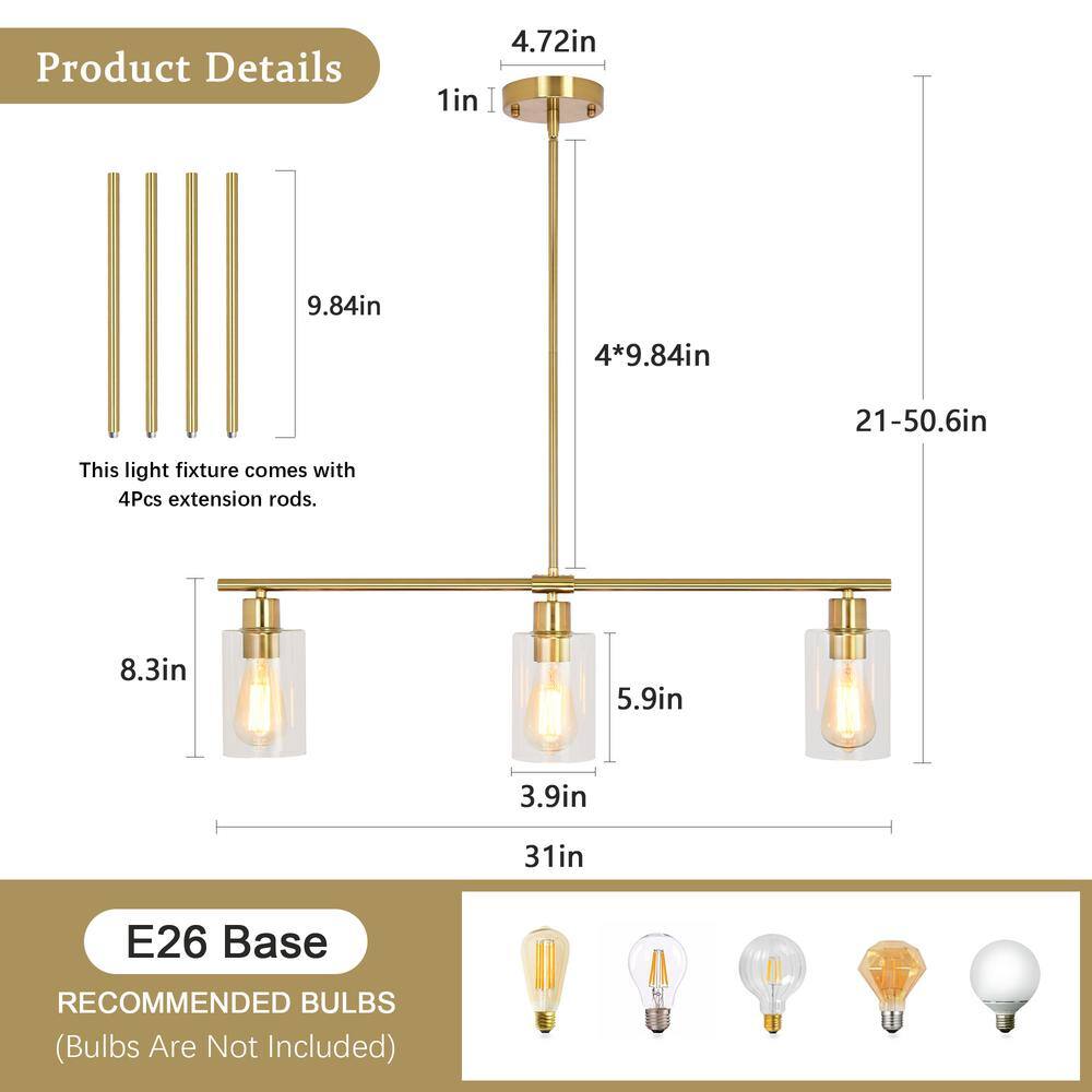 Gold Linear 3-Light Pendant with Clear Glass Shades