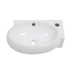 16 in. x 11 in. Wall-Mounted Oval Bowl Rectangular Bathroom Sink, Ceramic White Floating Lavatory Vessel Sink Right Hand