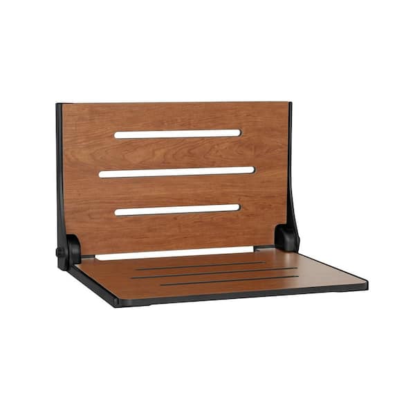 Silhouette Folding Wall Mount Shower Bench Seat, Rustic Teak Seat with Matte Black Frame
