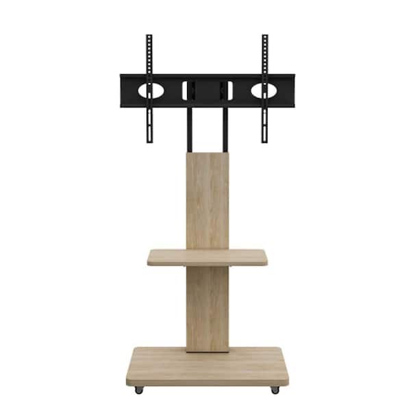 23.62 in. W Natural Finish TV Stand with Shelf, Height Adjustable TV Cart for 32-75 in., Floor TV Mount on Wheels