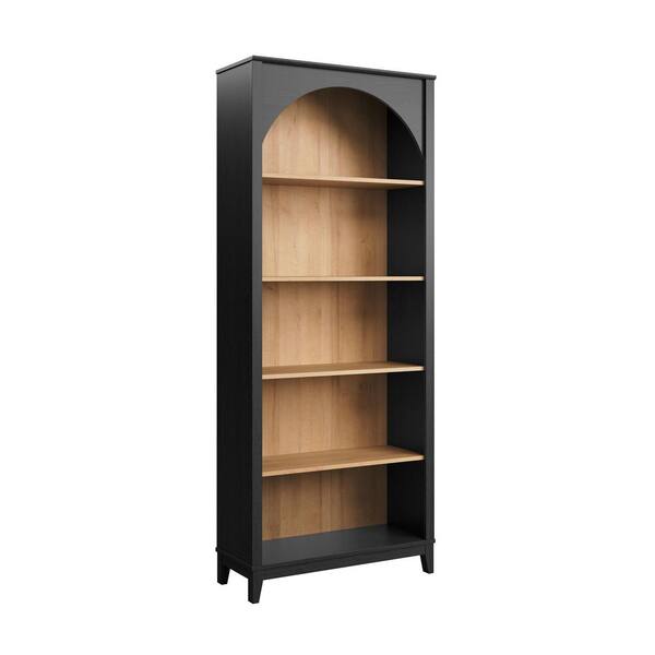 Prepac Ark 78 in. Tall Black Oak and Natural Oak Engineered Wood 5-Shelf Arched Bookcase with Storage for Home Living Room