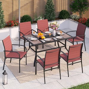 Black 7-Piece Metal Geometric Rectangle Table Outdoor Patio Dining Set with Red Textilene Chairs