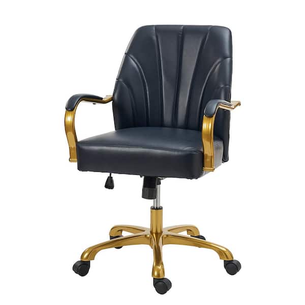 JAYDEN CREATION Stephanie Leather Wood Swivel Tilting Task Chair in Navy with Channel Tufted Back