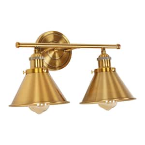 16 in. 2-Light Modern Industrial Brass Vanity Light or Wall Mount Sconce with Metal Shade for Bathroom