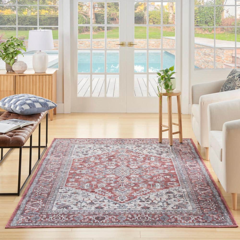 Brick Ivory Floral Medallion 4' x 6' Washable Rug