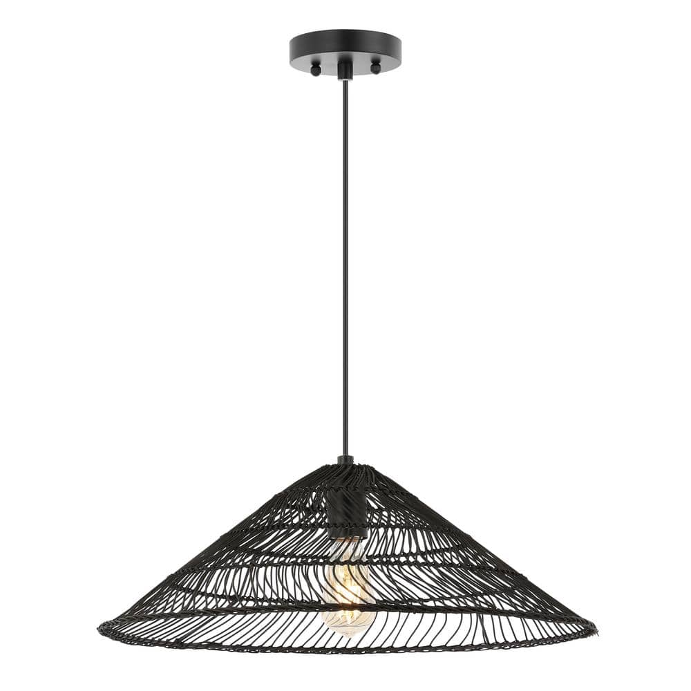 Nova 20.25" Black Rattan Cone LED Pendant with Adjustable Cord