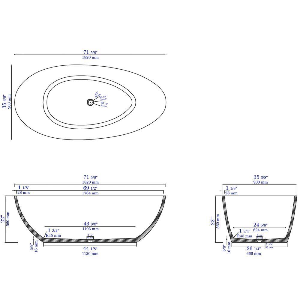 72'' Gray Matte Freestanding Oval Concrete Soaking Bathtub